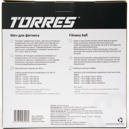 Мяч гимн. TORRES, FB122565, диам. 65 см, эласт. ПВХ,с защ. от взрыва, с насосом, серый