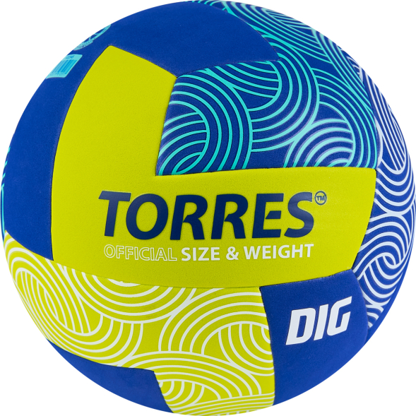 Мяч вол. TORRES Dig, V22345, р.5, синт.кожа (ТПЕ), клееный, бут.кам,салатово-синий