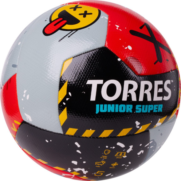 Мяч футб. TORRES Junior-3 Super, F323303, р.3,ПУ,4 сл, 12 п,гибрид.сш, крас-чёрн-сер