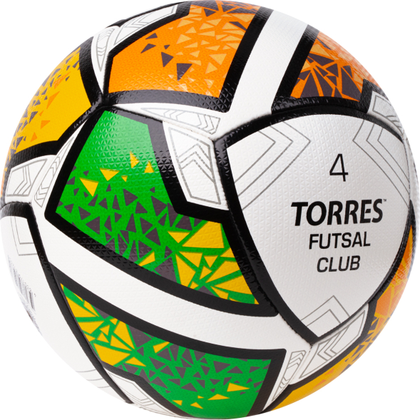 Мяч футзал. TORRES Futsal Club, FS323764, р.4, 10 пан. ПУ, 4 под. сл, гибрид. сш. бело-зел-оранж