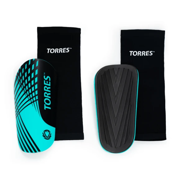 Щитки футбольные TORRES Pro, FS2308L, р.L, без голеностопа, без заст., эласт.чулок, черно-бирюзовый