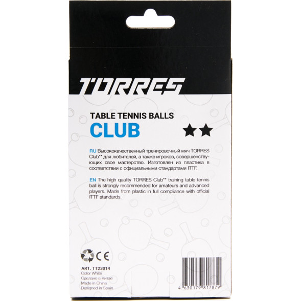 Мяч для наст  тенниса TORRES Club 2*, TT23014, диам  40+мм, упак  6 шт, белый