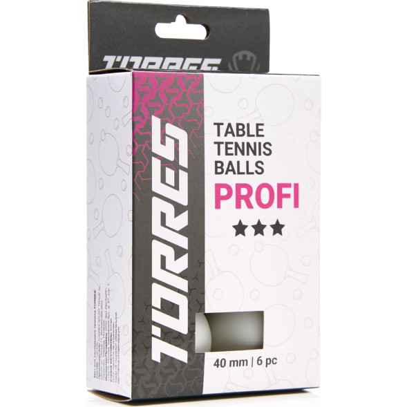 Мяч для наст  тенниса TORRES Profi 3*, TT23012, диам  40+мм, упак  6 шт, белый