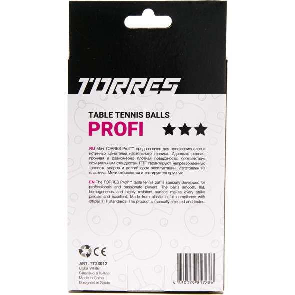 Мяч для наст  тенниса TORRES Profi 3*, TT23012, диам  40+мм, упак  6 шт, белый