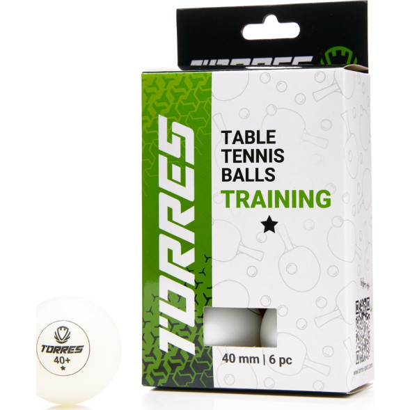 Мяч для наст  тенниса TORRES Training 1*, TT23016, диам  40+ мм, упак  6 шт, белый