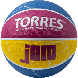 Мяч баск. TORRES Jam, B023127, р.7, резина, нейлон. корд, бут. кам., син-желто-малиновый